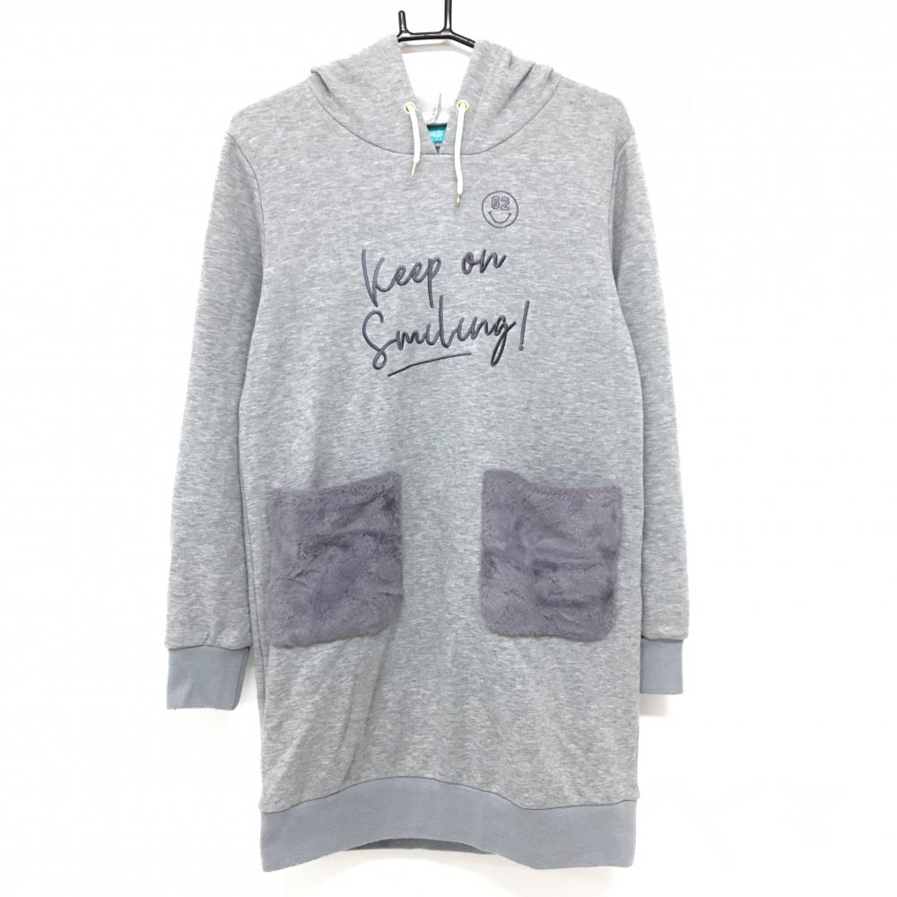 クアルトユナイテッド フード付きワンピース グレー×パープルグレー 裏起毛 ポケットファー レディース L ゴルフウェア CUARTO UNITED