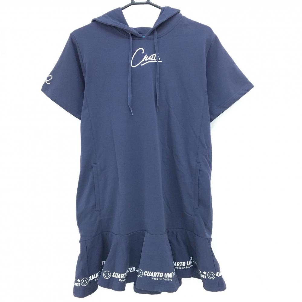 【超美品】クアルトユナイテッド フード付半袖ワンピース ダークネイビー系×白 裾ニコちゃん  レディース L ゴルフウェア CUARTO UNITED