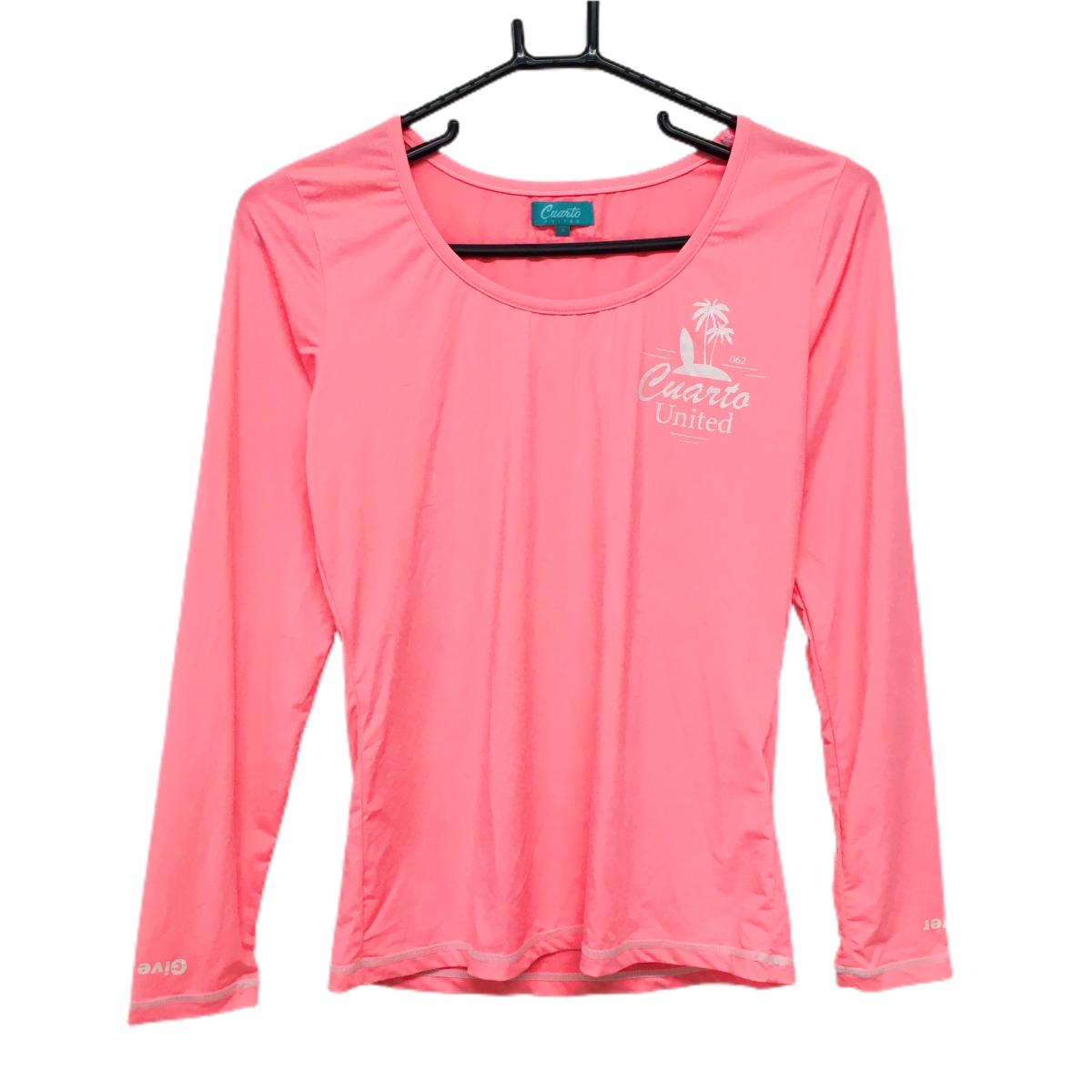 【超美品】クアルトユナイテッド インナーシャツ ピンク×白 ロゴプリント ストレッチ レディース M ゴルフウェア CUARTO UNITED