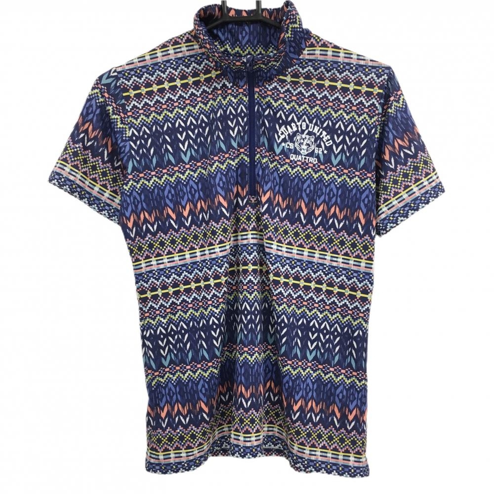 【美品】クアルトユナイテッド 半袖ハイネックシャツ ネイビー×マルチカラー  レディース L ゴルフウェア CUARTO UNITED