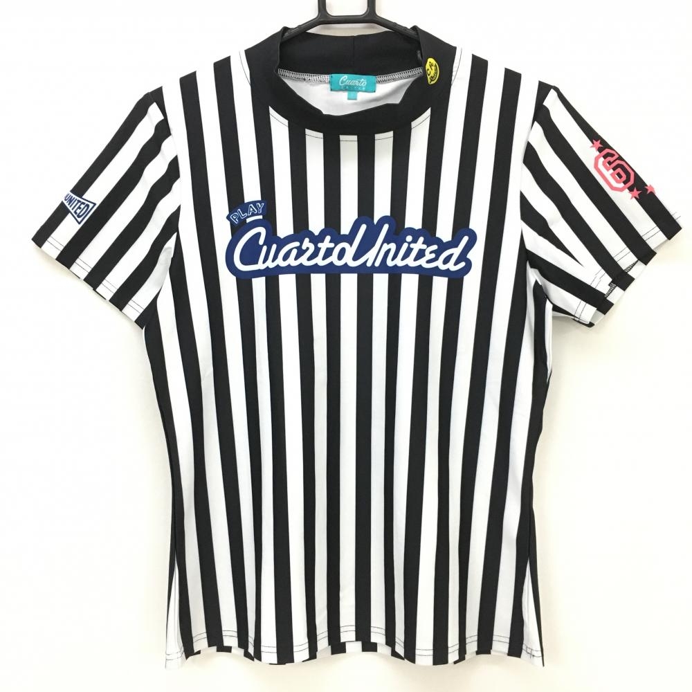 【超美品】クアルトユナイテッド 半袖ハイネックシャツ 黒×白 ストライプ ロゴプリント レディース L ゴルフウェア CUARTO UNITED