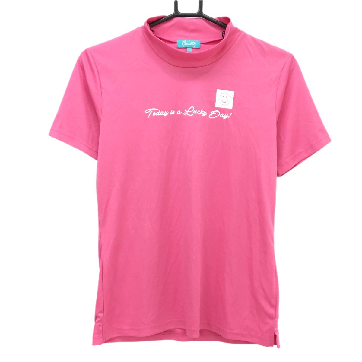 クアルトユナイテッド 半袖ハイネックシャツ ピンク×白 フロント英字 レディース L ゴルフウェア CUARTO UNITED