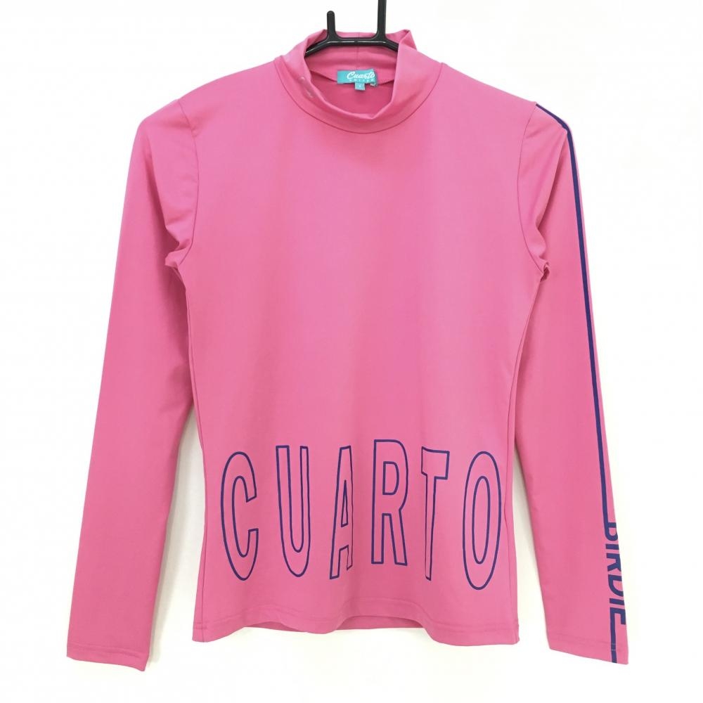 【美品】クアルトユナイテッド 長袖ハイネックシャツ ピンク×ブルー 片袖ライン インナー レディース S ゴルフウェア CUARTO UNITED