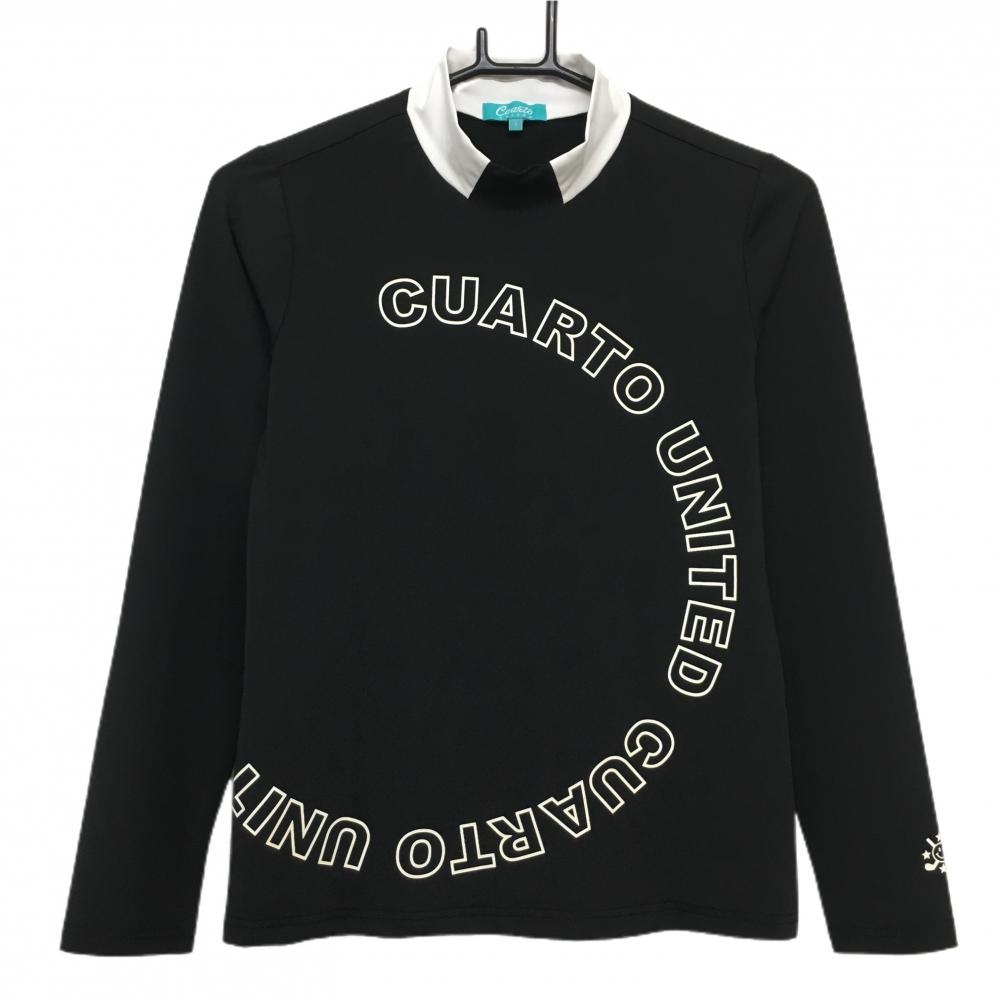 クアルトユナイテッド 長袖ハイネックシャツ 黒×白 ロゴプリント レディース S ゴルフウェア CUARTO UNITED