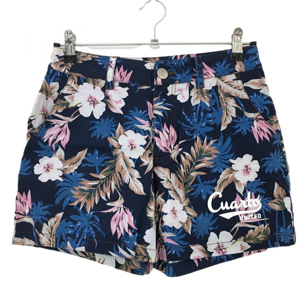 【美品】クアルトユナイテッド ショートパンツ ネイビー×ピンク ボタニカル柄 総柄  レディース M ゴルフウェア CUARTO UNITED