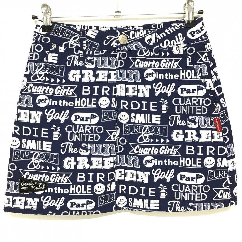 【超美品】クアルトユナイテッド スカート ネイビー×白 英字総柄 スマイル レディース S ゴルフウェア CUARTO UNITED