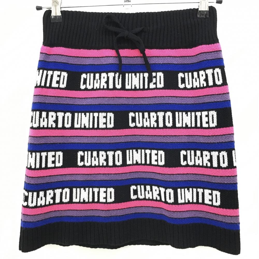 【超美品】クアルトユナイテッド ニットスカート 黒×ピンク ボーダー ロゴ レディース S ゴルフウェア CUARTO UNITED
