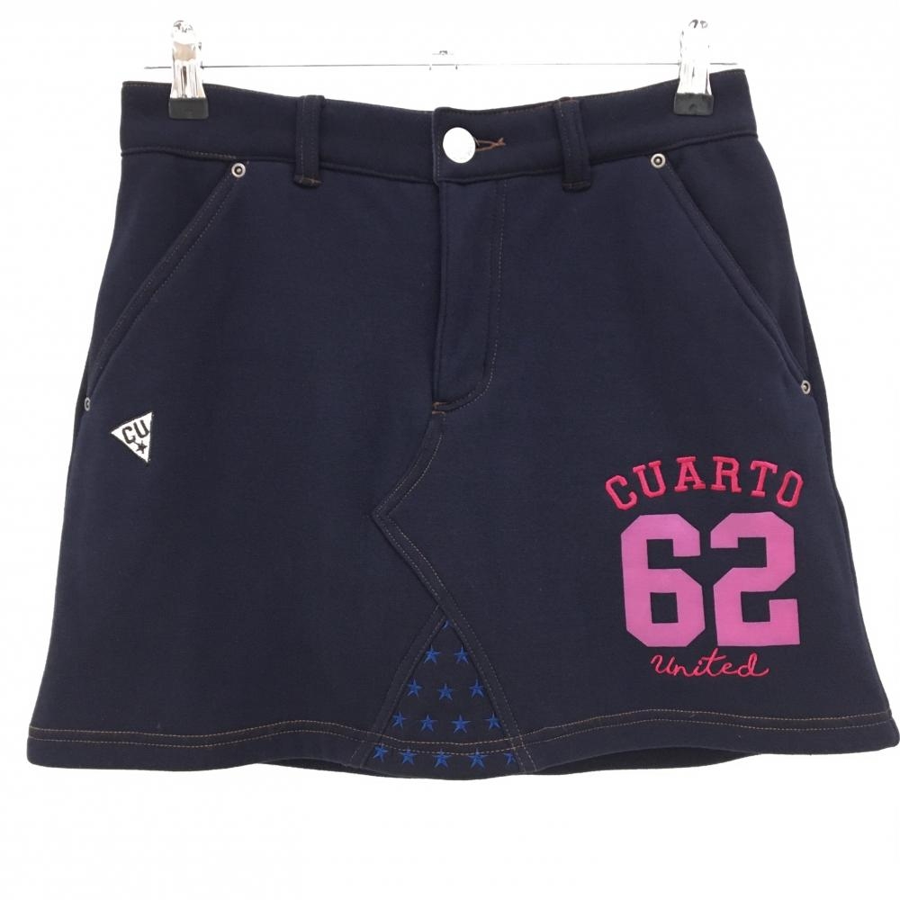 【美品】クアルトユナイテッド スカート ダークネイビー×ピンク 一部星柄 裏起毛 レディース M ゴルフウェア CUARTO UNITED
