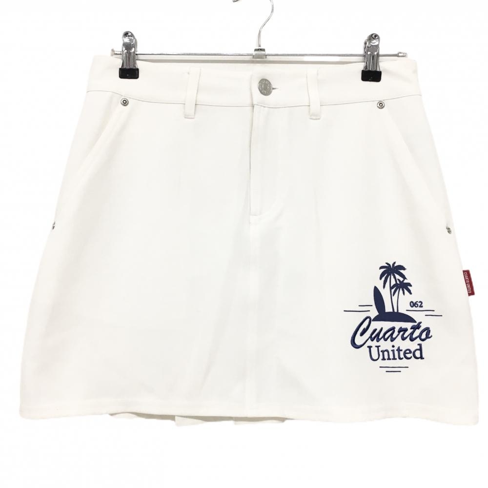 【美品】クアルトユナイテッド スカート 白 後ろプリーツ 花刺しゅう ヤシの木プリント レディース L ゴルフウェア CUARTO UNITED