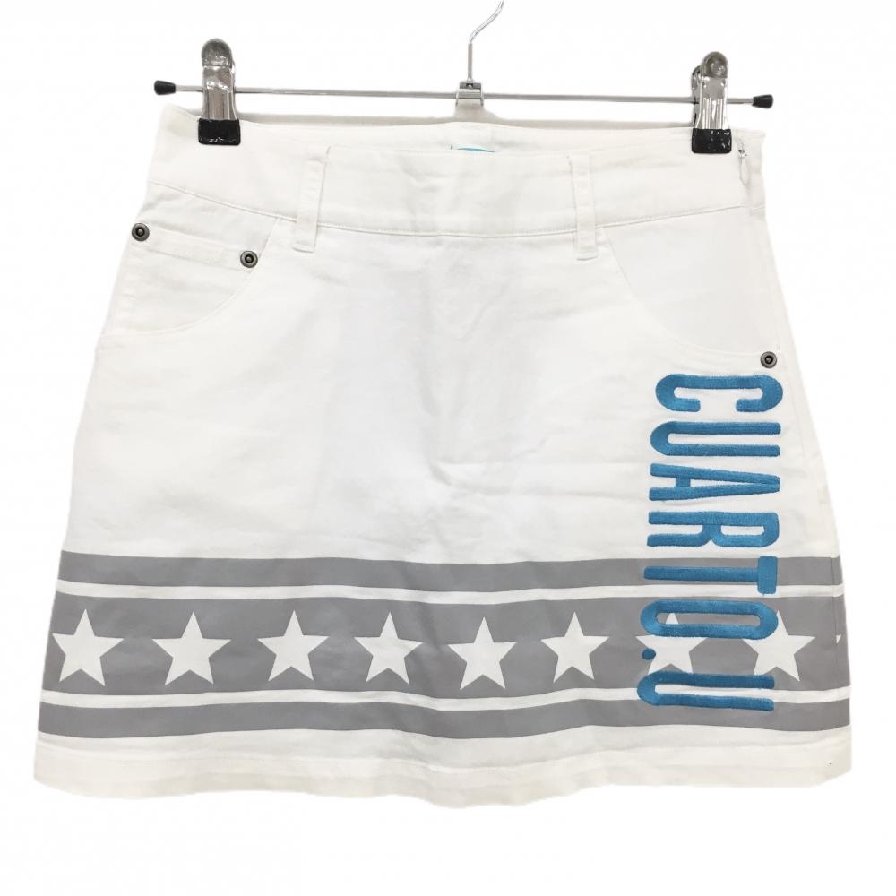 【美品】クアルトユナイテッド スカート 白×ライトブルー ロゴ刺しゅう 星 レディース M ゴルフウェア CUARTO UNITED