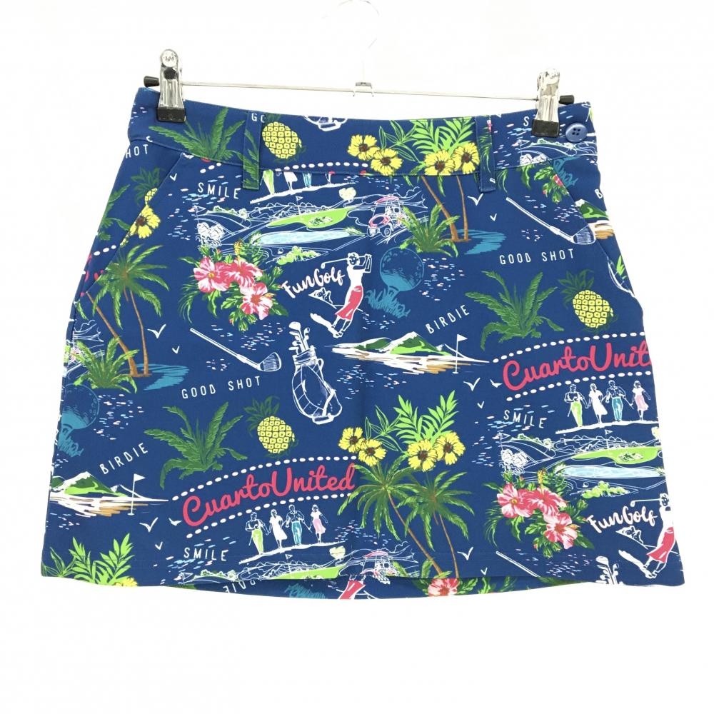 【超美品】クアルトユナイテッド スカート ネイビー系×マルチカラー 総柄 花 パイナップル レディース M ゴルフウェア CUARTO UNITED