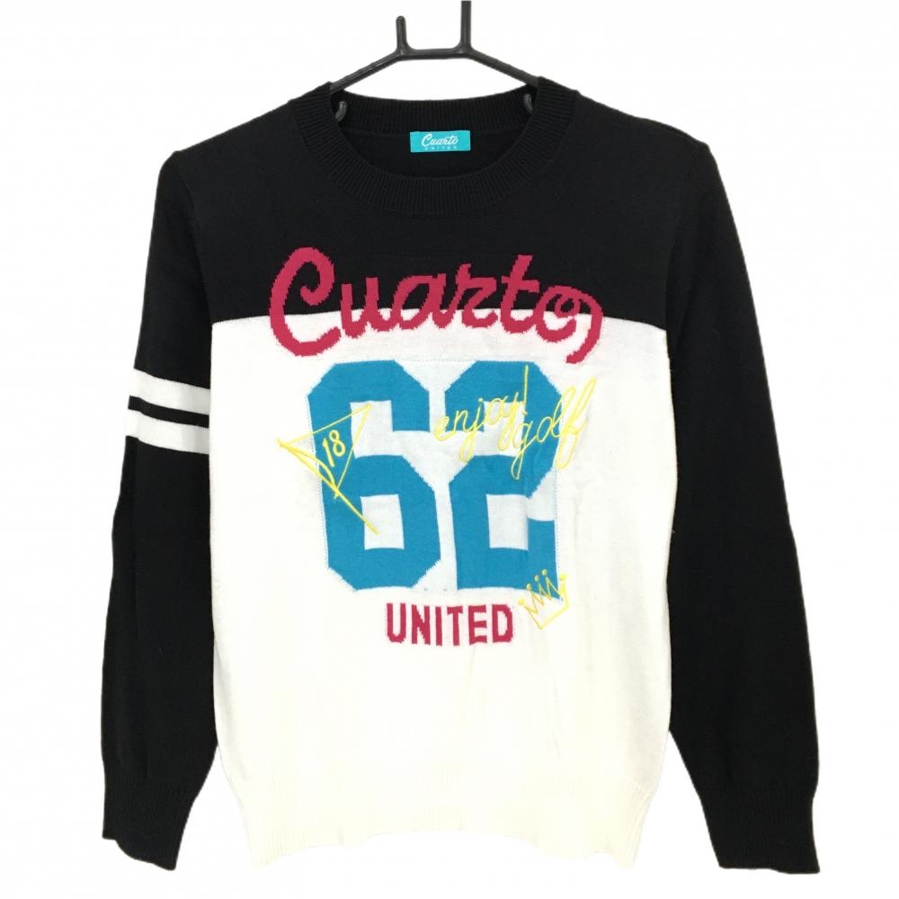 【美品】クアルトユナイテッド セーター 黒×白 フロントロゴ ニット レディース  ゴルフウェア CUARTO UNITED