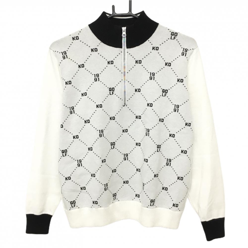 【美品】コルウィン ハイネックセーター 白×黒 前身頃総柄 ハーフジップ ニット  レディース L ゴルフウェア Kolwin