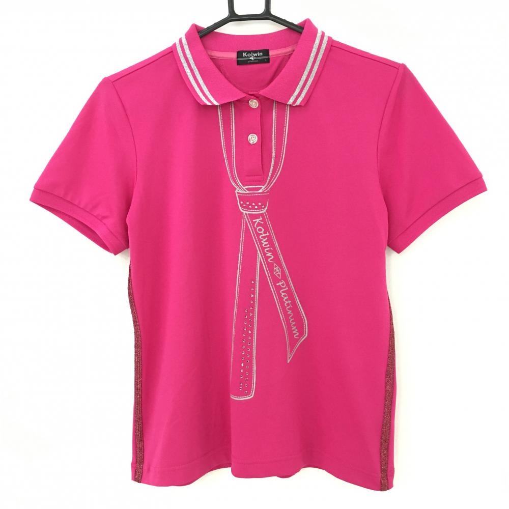 【美品】コルウィン 半袖ポロシャツ ピンク×シルバー ネクタイ風 サイドラメライン レディース L ゴルフウェア Kolwin