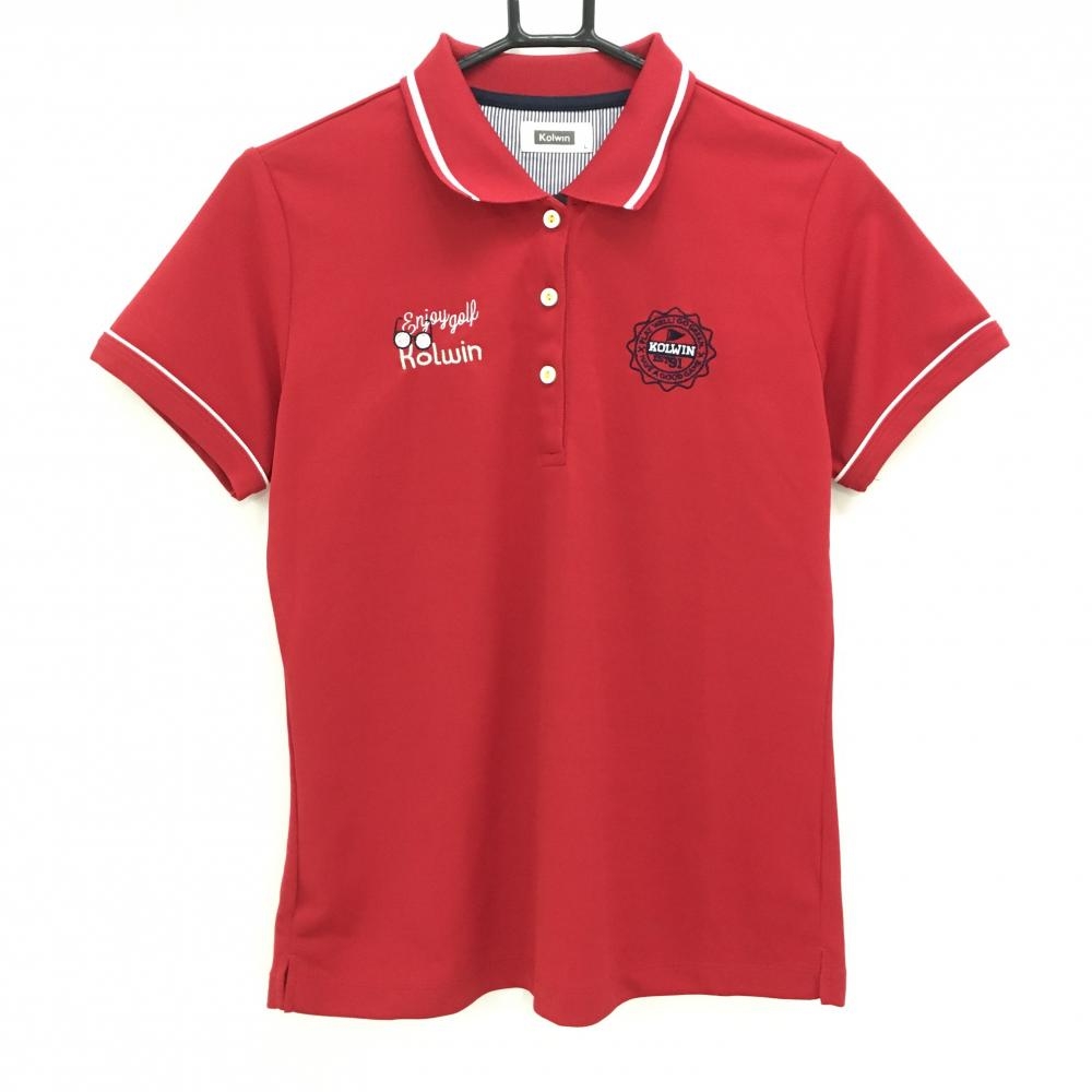 【美品】コルウィン 半袖ポロシャツ レッド×白 襟ライン 胸元刺しゅう レディース L ゴルフウェア Kolwin