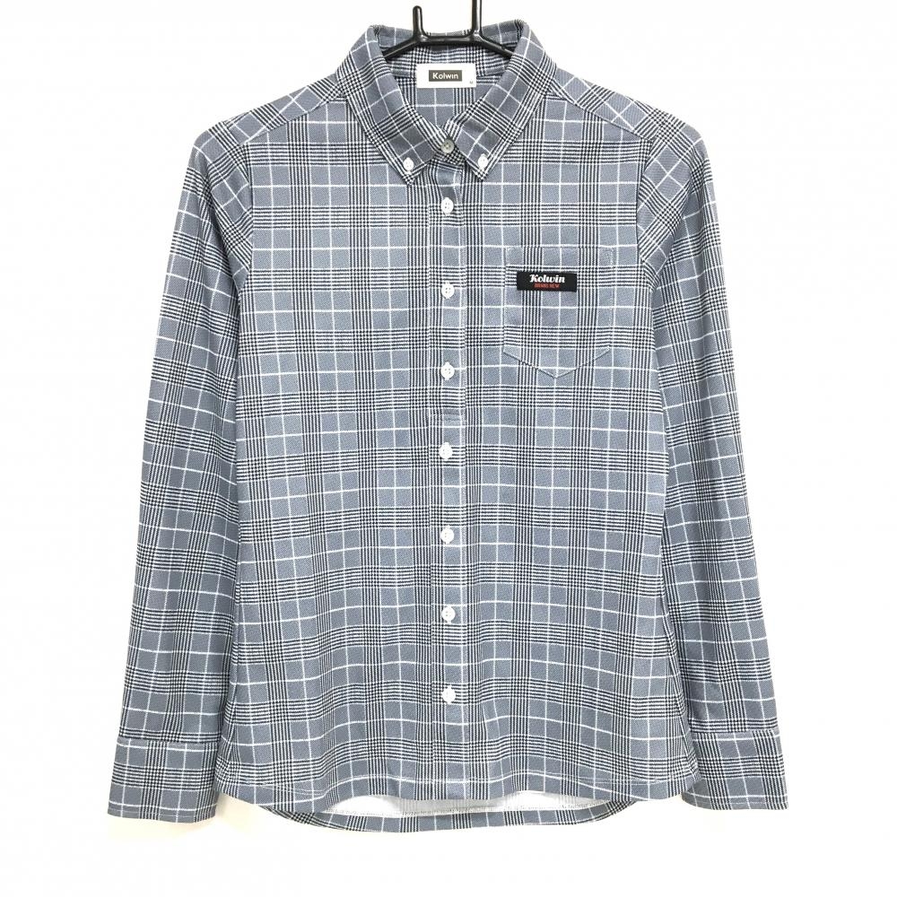 【超美品】コルウィン 長袖シャツ ブルーグレー×ネイビー×白 グレンチェック ボタンダウン レディース M ゴルフウェア Kolwin