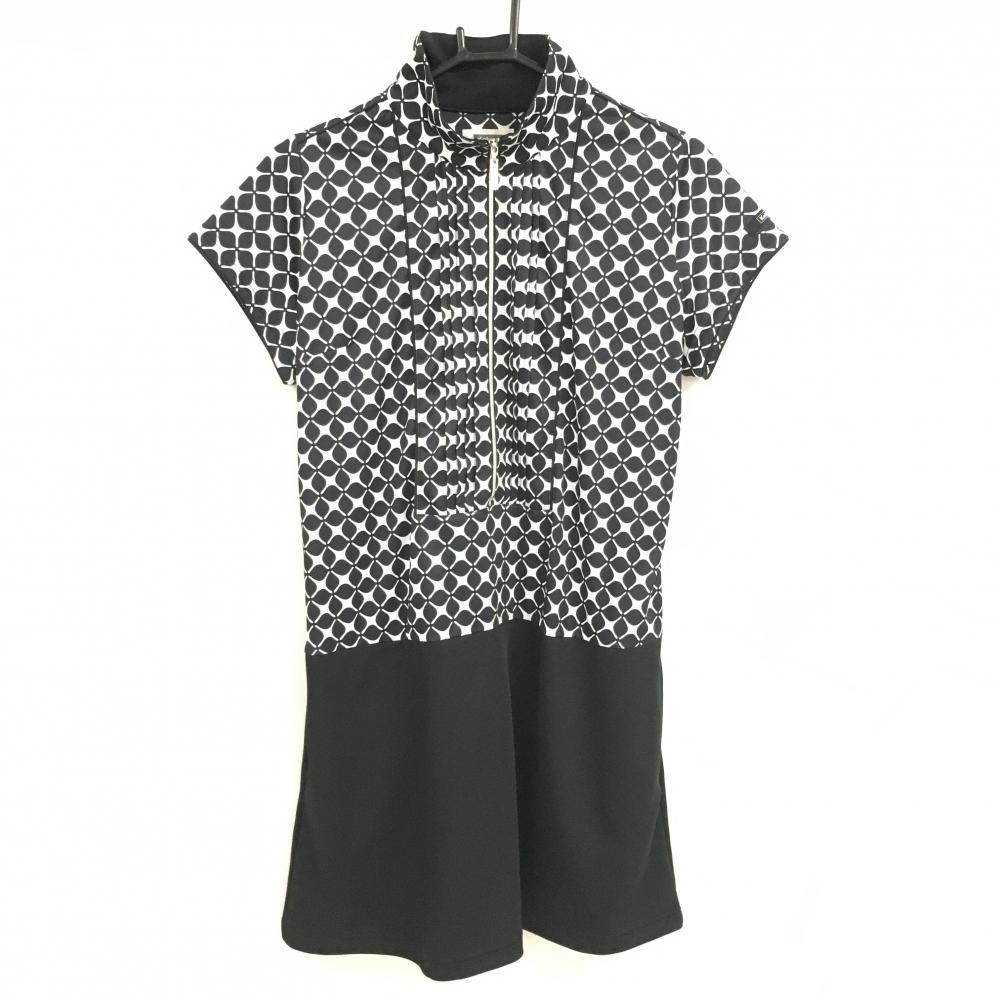 【超美品】コルウィン 半袖ハイネックワンピース 黒×白 上部総柄 上部ジップ レディース LL ゴルフウェア Kolwin