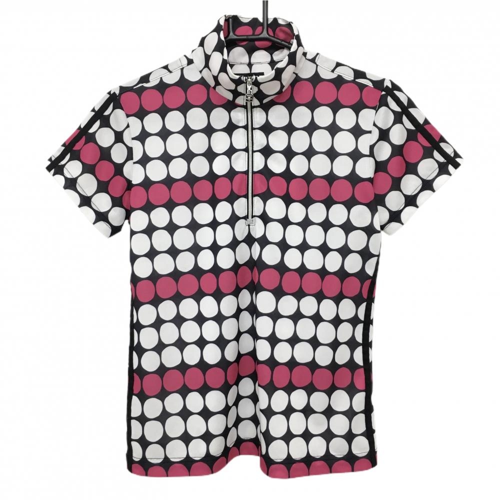 【超美品】コルウィン 半袖ハイネックシャツ 黒×白×ピンク ドット ハーフジップ レディース M ゴルフウェア Kolwin