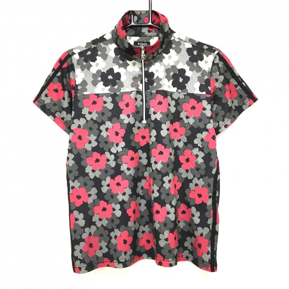 【超美品】コルウィン 半袖ハイネックシャツ 黒×グレー×ピンク 花柄 ハーフジップ レディース LL ゴルフウェア Kolwin