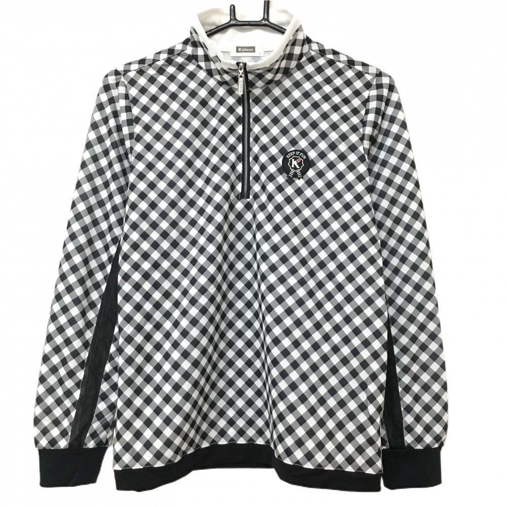 【美品】コルウィン 長袖ハイネックシャツ 白×黒×グレー チェック柄 ハーフジップ 袖一部メッシュ レディース L ゴルフウェア Kolwin