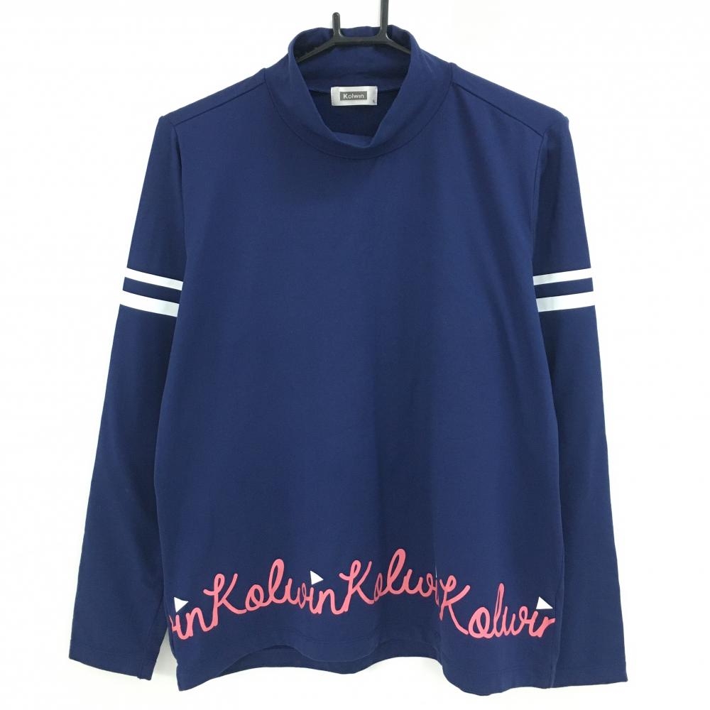 【超美品】コルウィン 長袖ハイネックシャツ ネイビー×白 裾ロゴ 裏微起毛 レディース 3L ゴルフウェア 大きいサイズ Kolwin
