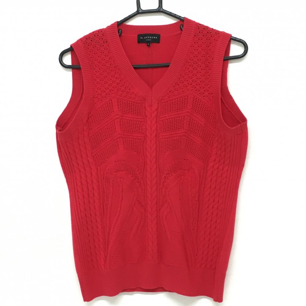 【超美品】セントアンドリュース ニットベスト レッド Vネック 一部透かし編み レディース L ゴルフウェア 2021年モデル St ANDREWS