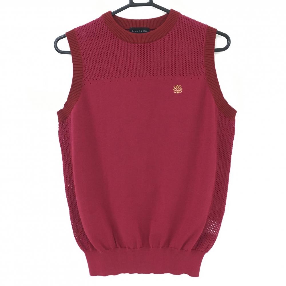 セントアンドリュース ニットベスト ボルドー 一部透かし編み ロゴ刺しゅう リブよれ  レディース Ｌ ゴルフウェア St ANDREWS
