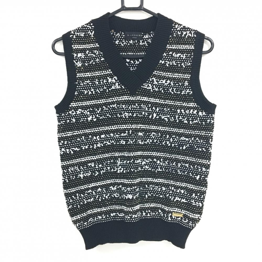 【超美品】セントアンドリュース ニットベスト 黒×白 Vネック 総柄編み地 レディース M ゴルフウェア St ANDREWS