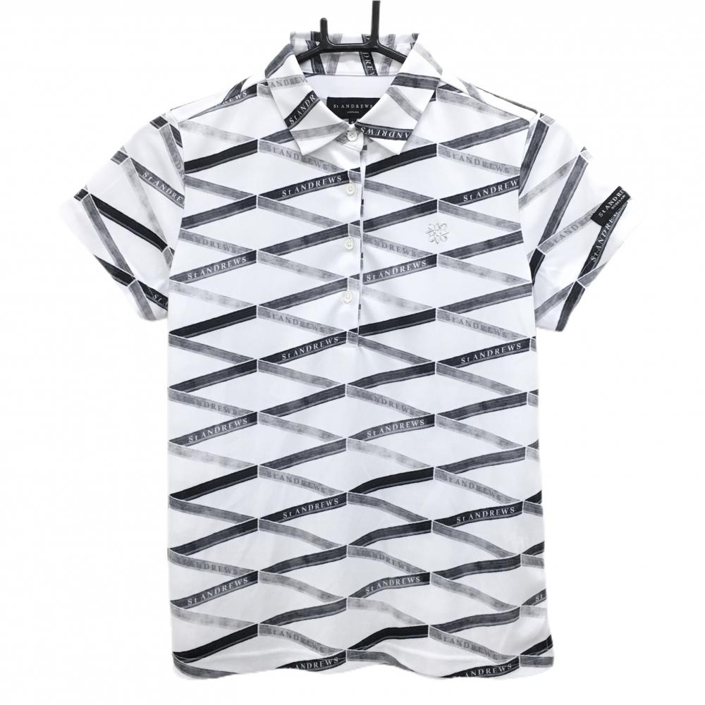 【超美品】セントアンドリュース 半袖ポロシャツ 白×グレー 総柄 ロゴ レディース S ゴルフウェア St ANDREWS