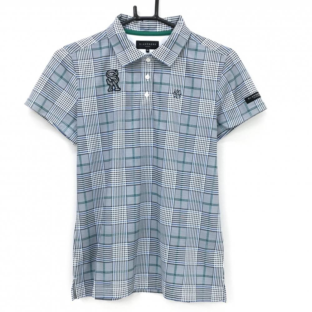 【超美品】セントアンドリュース 半袖ポロシャツ 白×黒×グリーン チェック柄 胸元ロゴ レディース M ゴルフウェア St ANDREWS
