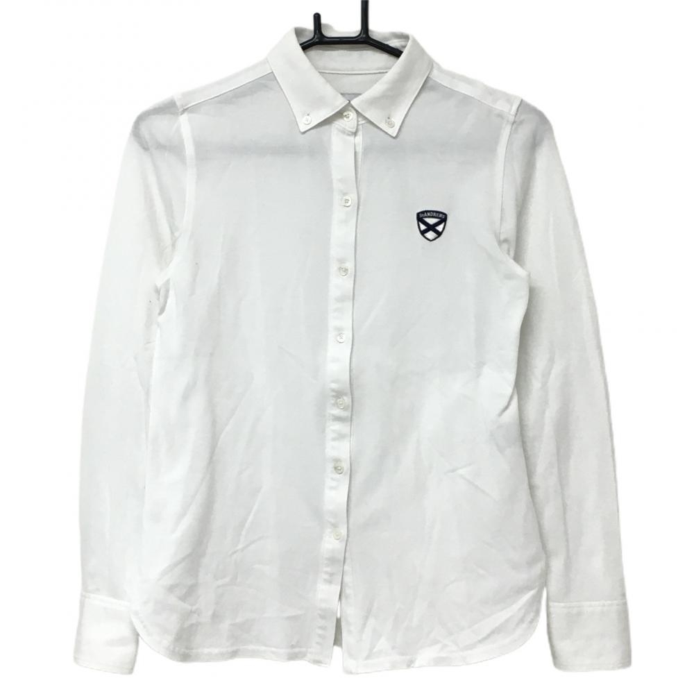【美品】セントアンドリュース 長袖シャツ 白×ネイビー ボタンダウン コットン混  レディース S ゴルフウェア St ANDREWS