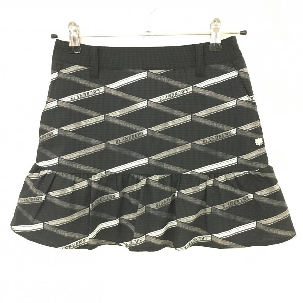 【超美品】セントアンドリュース スカート 黒×グレー 織生地 総柄 裾フリル 裏地付き レディース SS ゴルフウェア St ANDREWS