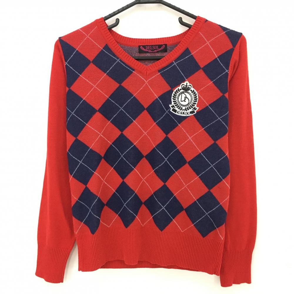 デルソル セーター レッド×ネイビー 身頃アーガイル柄 ニット レディース M ゴルフウェア DELSOL