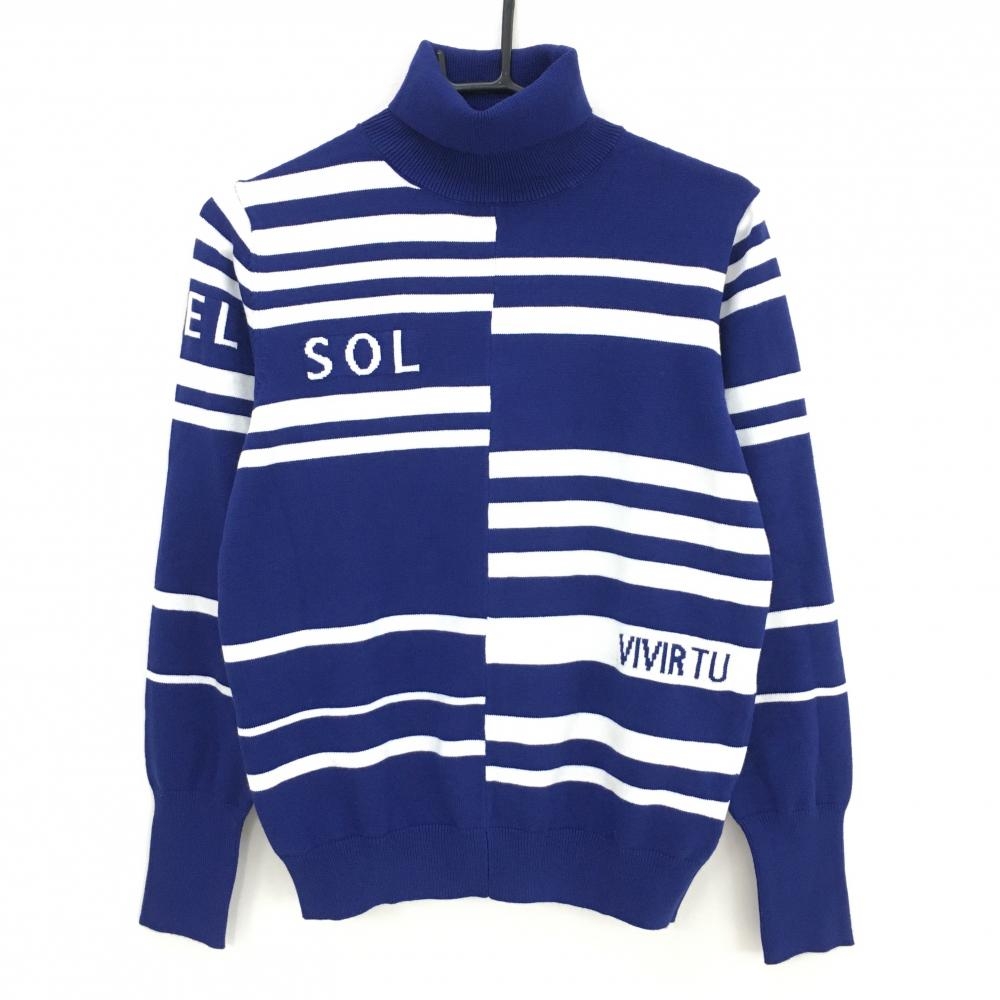 【美品】デルソル タートルネックセーター ブルー×白 ボーダー調 レディース L ゴルフウェア DELSOL