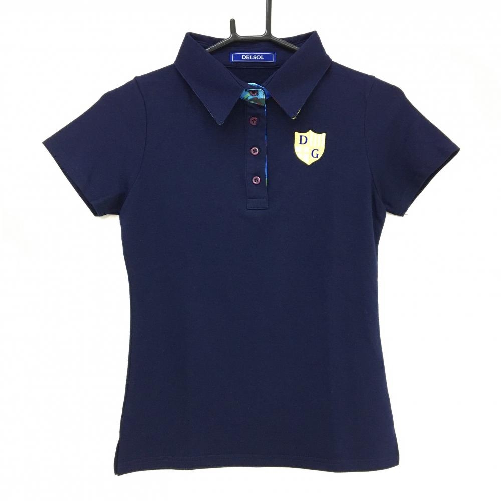 【美品】デルソル 半袖ポロシャツ ネイビー 襟裏・バックプリント花柄 背面スカル ストレッチ レディース M ゴルフウェア DELSOL