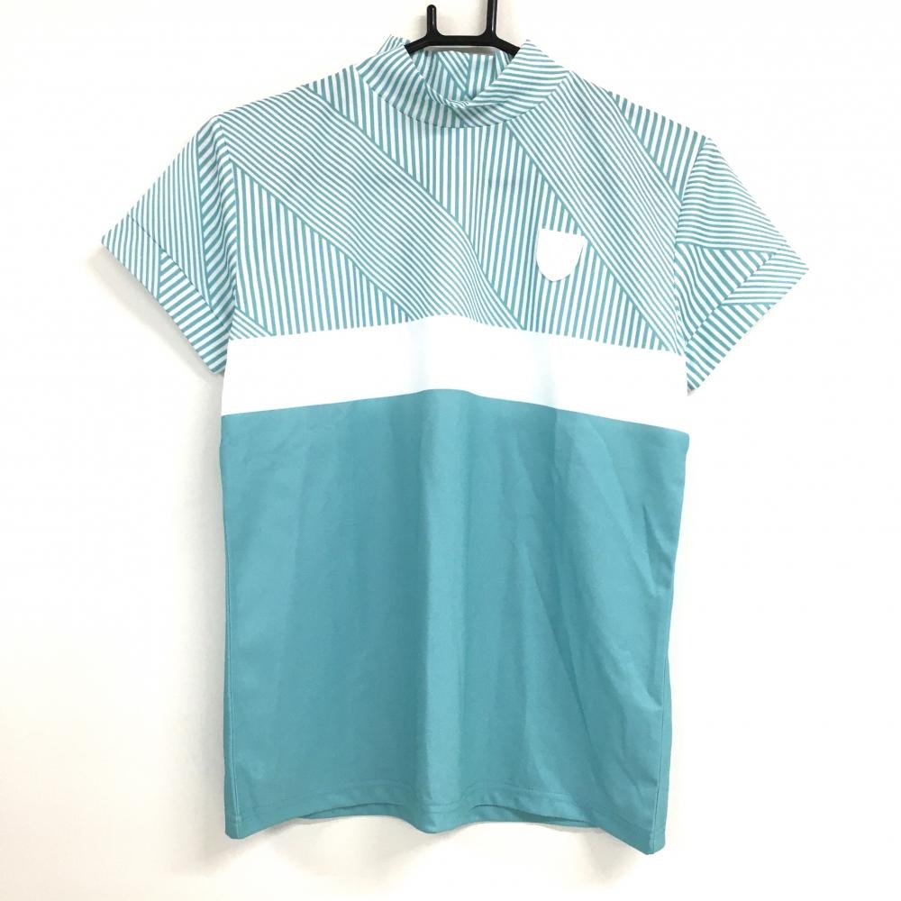 【新品】デルソル 半袖ハイネックシャツ ライトブルー×白 上部ストライプ 速乾 UVカット COOL FEELING レディース L ゴルフウェア DELSOL
