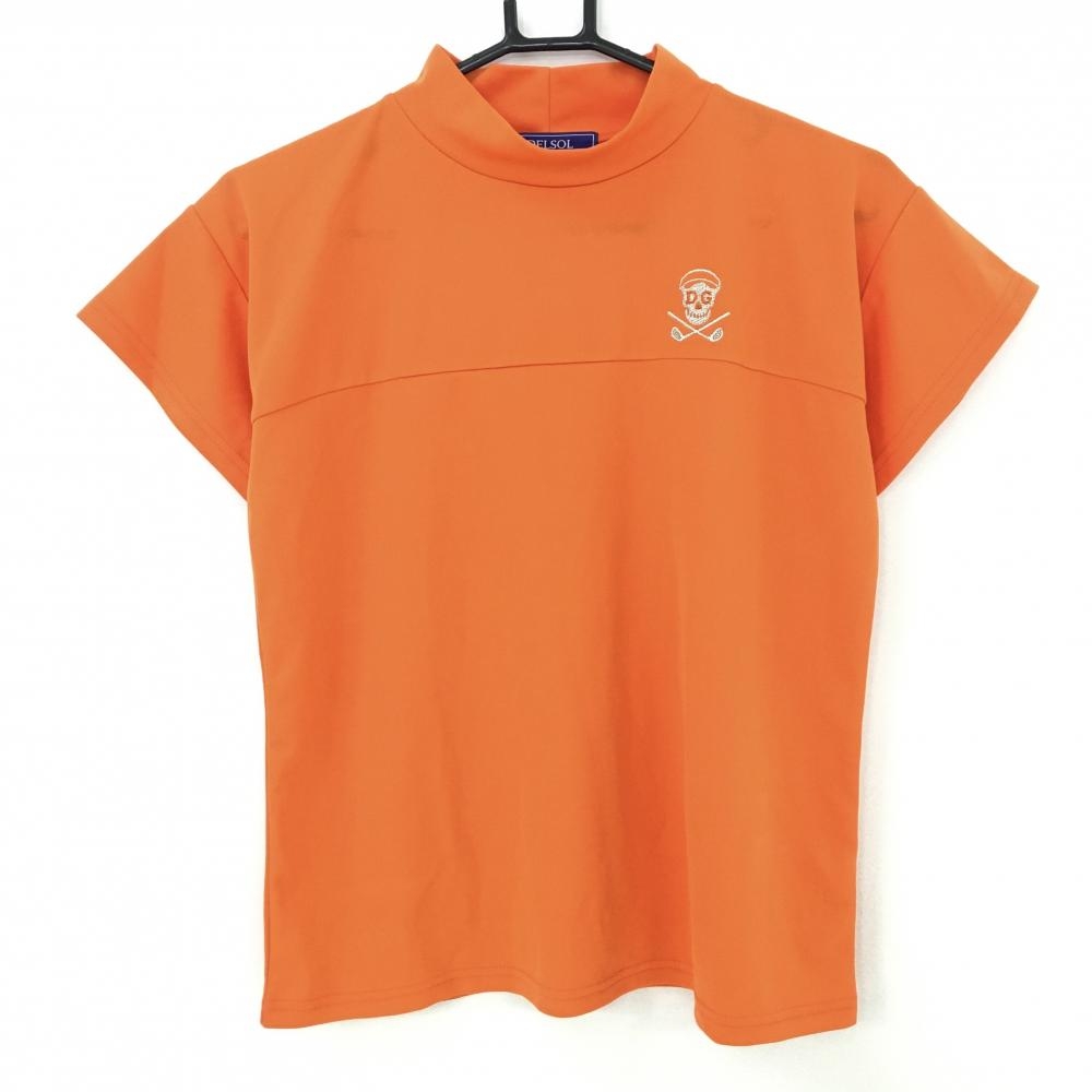 【超美品】デルソル 半袖ハイネックシャツ オレンジ スカル刺しゅう レディース LL ゴルフウェア DELSOL