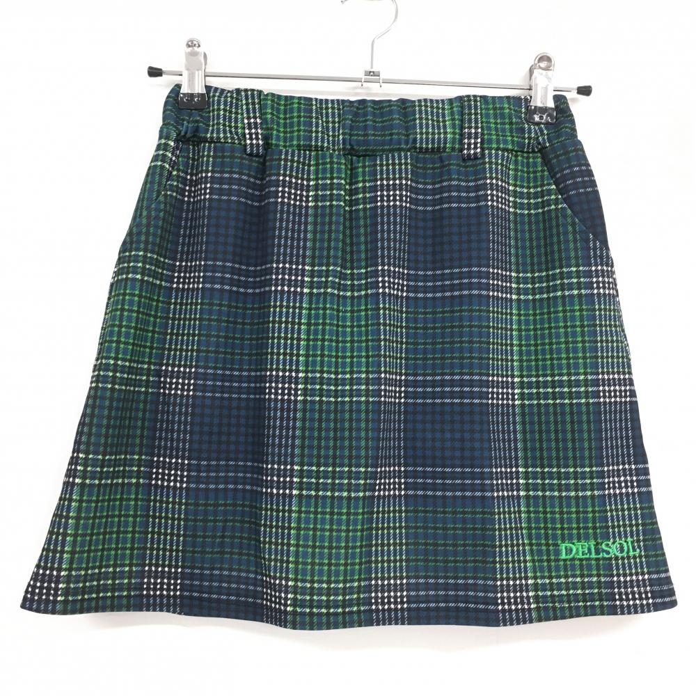 【超美品】デルソル スカート グリーン×ネイビー チェック ストレッチ 内側インナーパンツ レディース M ゴルフウェア DELSOL
