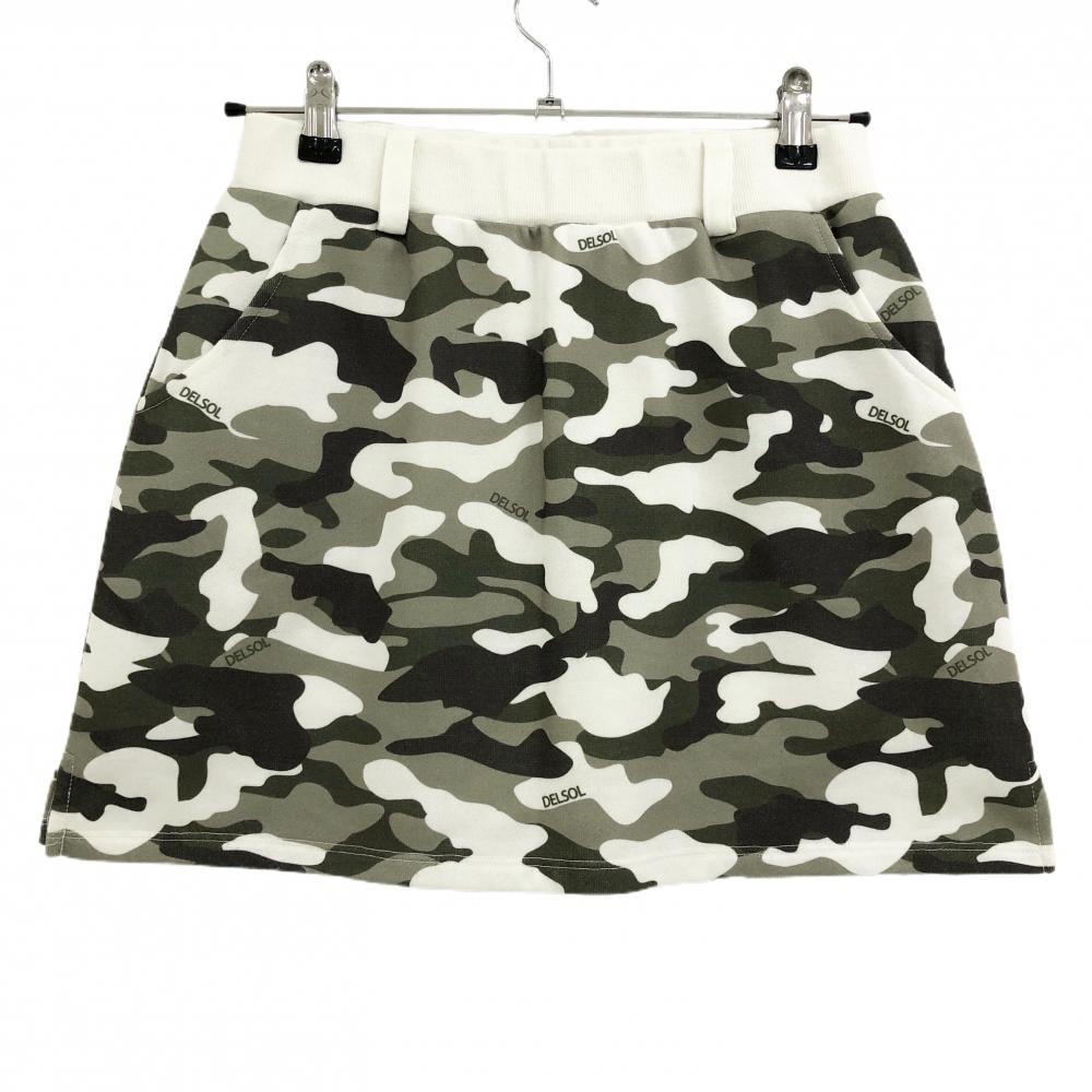 【美品】デルソル スカート 白×カーキ カモフラ柄 迷彩 スウェット生地 内側インナーパンツ レディース M ゴルフウェア DELSOL