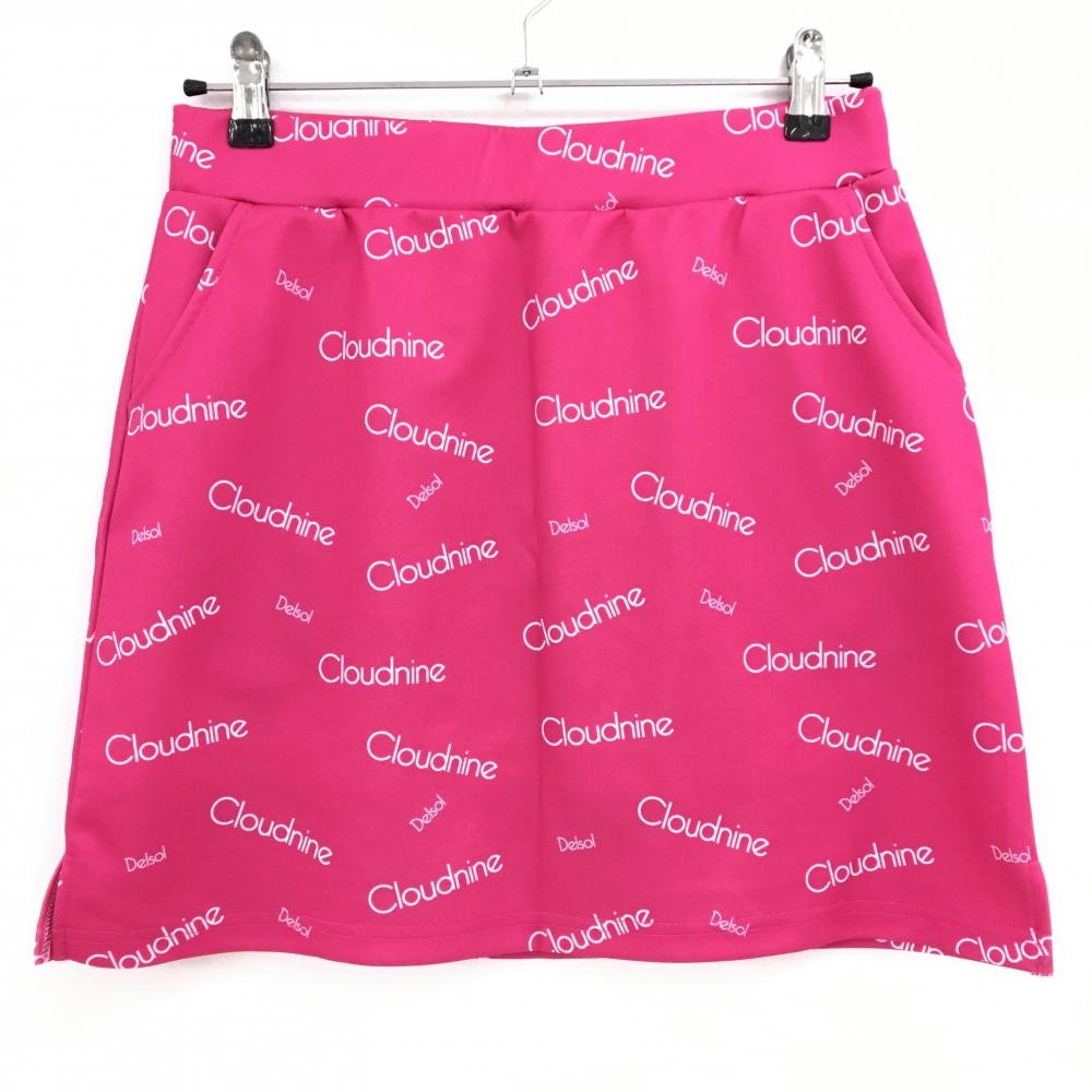 【美品】デルソル スカート ピンク×白 英字総柄 ストレッチ 裏地あり レディース L ゴルフウェア DELSOL