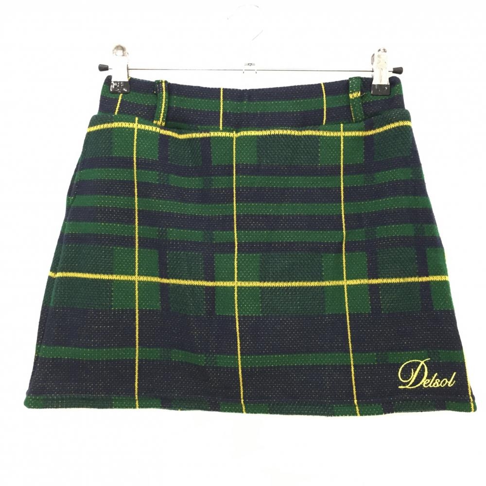 【超美品】デルソル ニットスカート グリーン×ネイビー 格子調 内側インナーパンツ ロゴ刺しゅう レディース M ゴルフウェア DELSOL