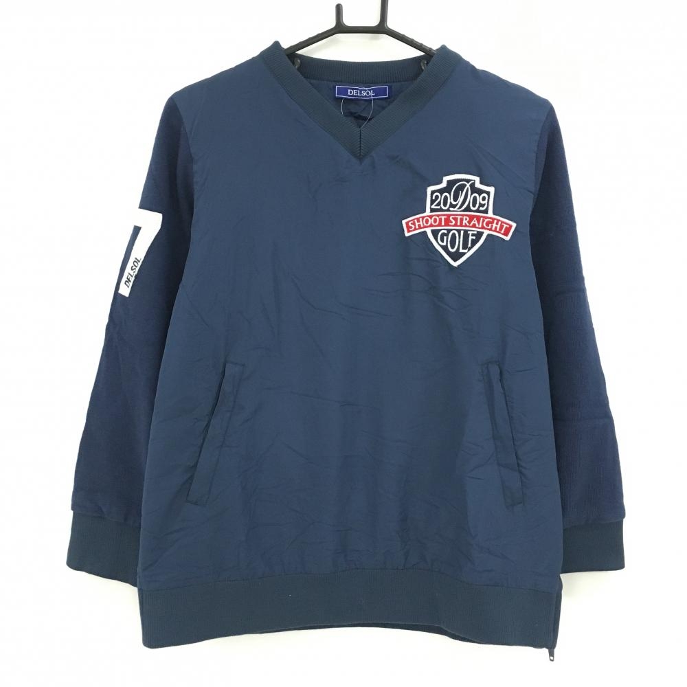 【美品】デルソル 中綿切替スニード ネイビー×白 胸元ワッペン 袖ニット地 ブルゾン Vネック レディース L ゴルフウェア DELSOL
