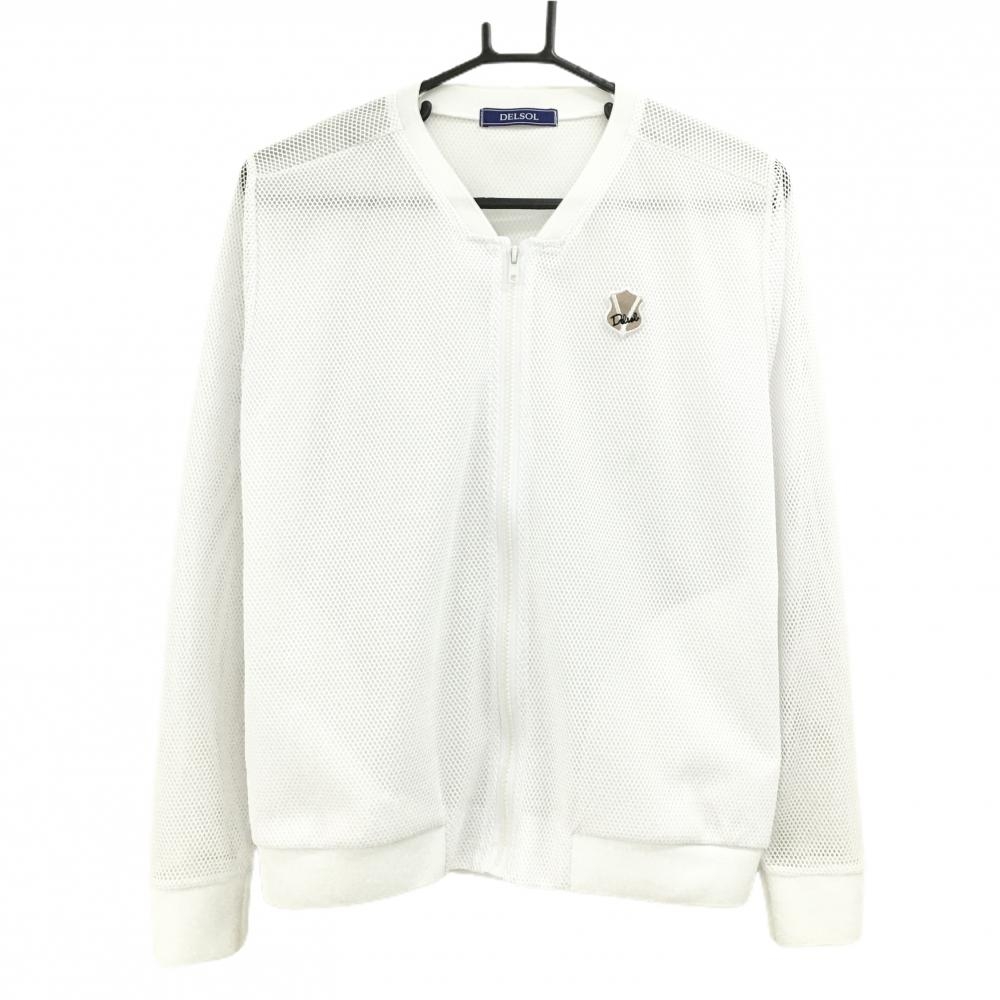 デルソル ジャケットブルゾン 白 メッシュ調 袖メッシュ 胸元ワッペン 透け感 レディース M ゴルフウェア DELSOL