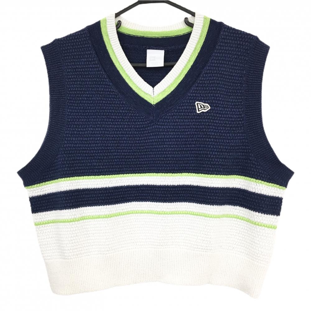 【超美品】ニューエラ ニットベスト ネイビー×白 凸凹織 Vネック ロゴ刺しゅう レディース LARGE ゴルフウェア New Era