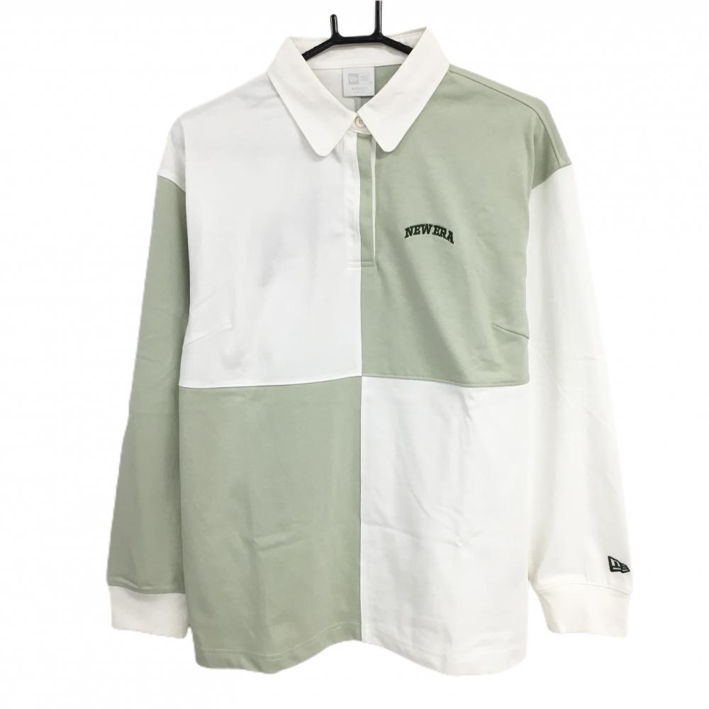【新品】ニューエラ 長袖ポロシャツ 白×ライトグリーン バイカラー ロゴ刺しゅう レディース WOMEN'S LARGE ゴルフウェア New Era