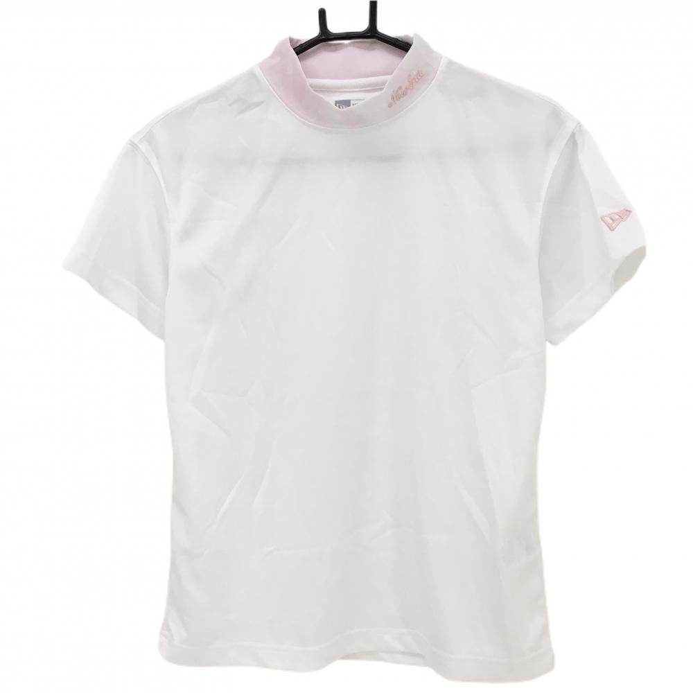 【超美品】ニューエラ 半袖ハイネックシャツ 白×ピンク ネックむら染め調 吸汗速乾 レディース SMALL ゴルフウェア 2023年モデル New Era