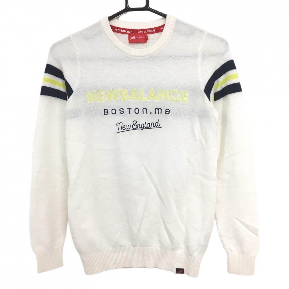 【美品】ニューバランスゴルフ セーター 白×ネイビー 袖ライン ロゴ刺しゅう ウール混 ニット レディース 0(S) ゴルフウェア New Balance