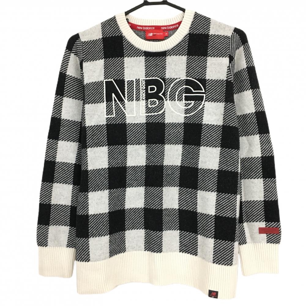 ニューバランスゴルフ セーター 白×黒 ブロックチェック ウール混 ニット  レディース 2(L) ゴルフウェア New Balance
