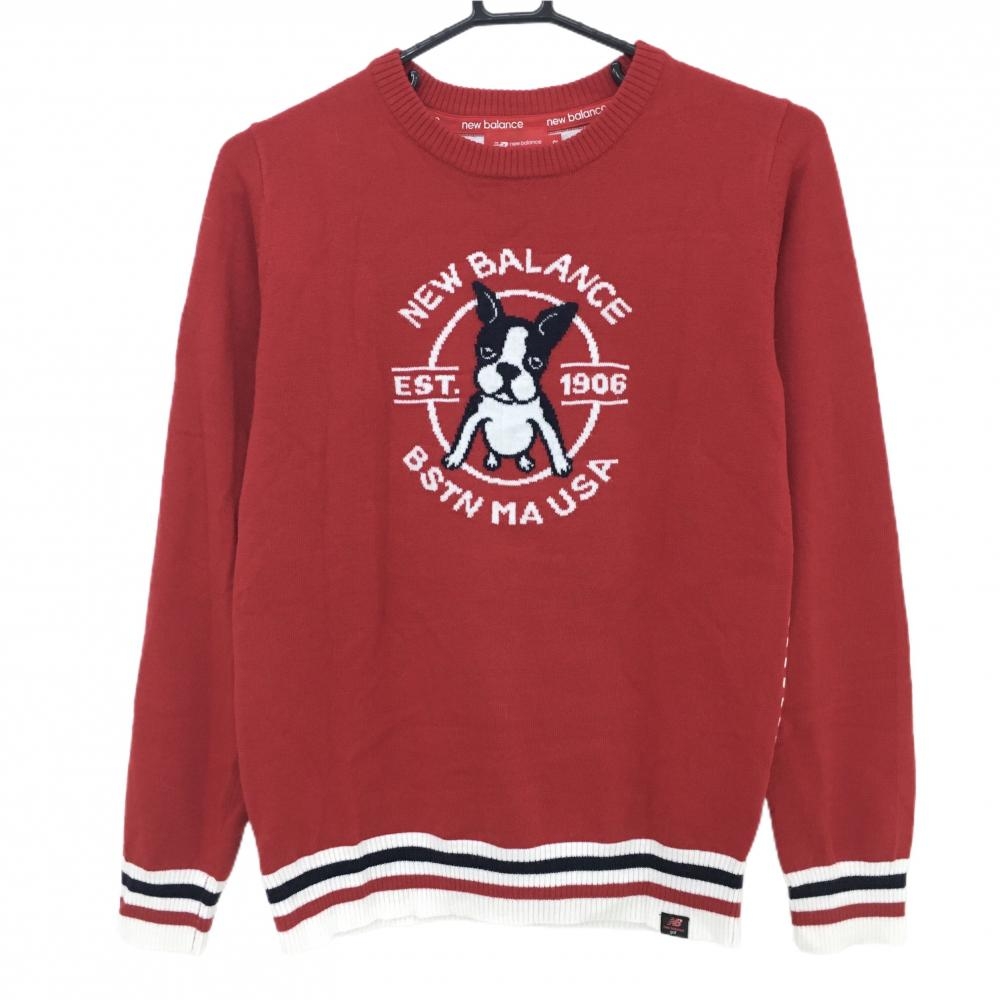 【超美品】ニューバランスゴルフ セーター レッド×白 背面ボーダー 犬 ウール混 ニット レディース 2(L) ゴルフウェア New Balance