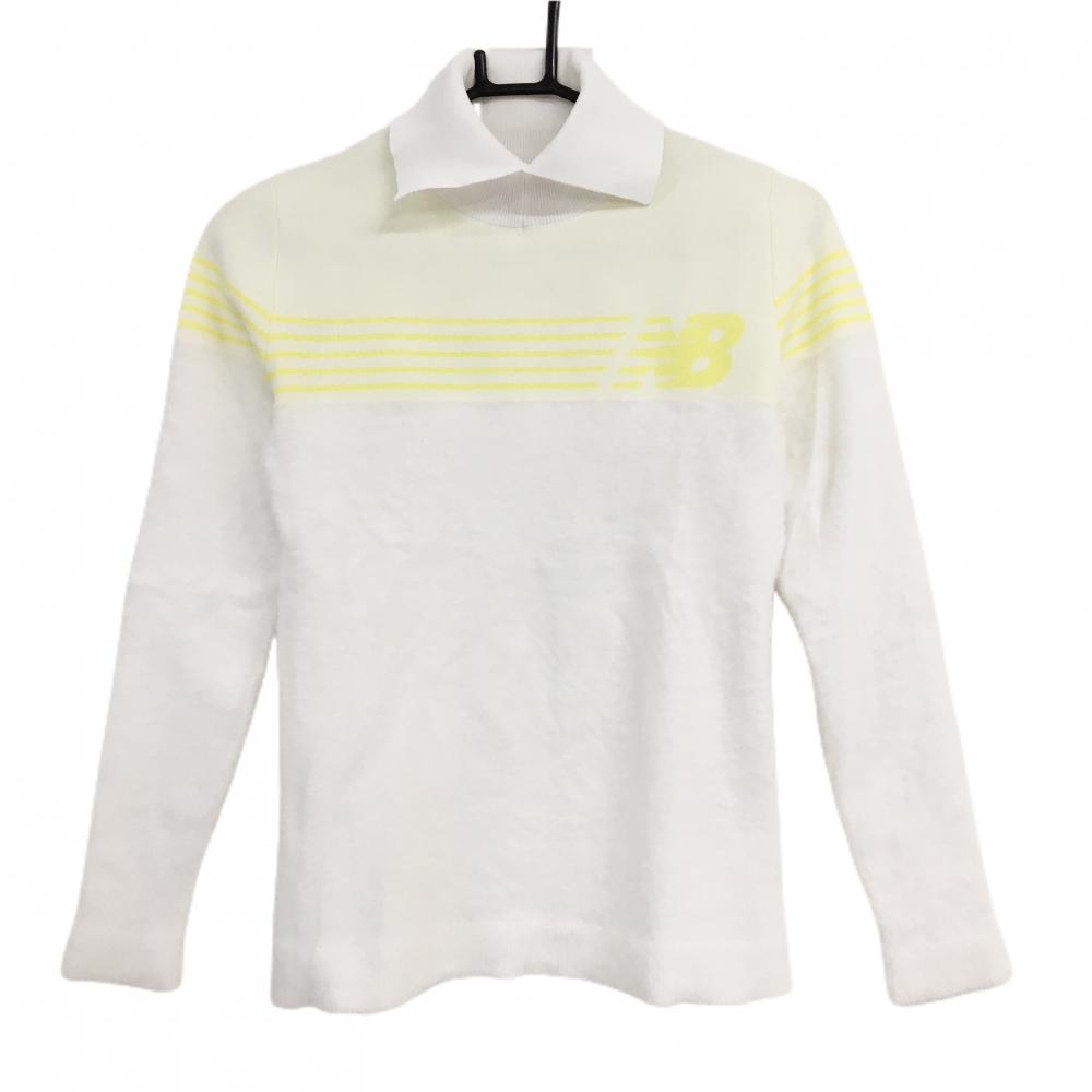 【美品】ニューバランスゴルフ 襟付セーター 白×イエロー 一部ボーダー・起毛  レディース 0(S) ゴルフウェア 2023年モデル New Balance